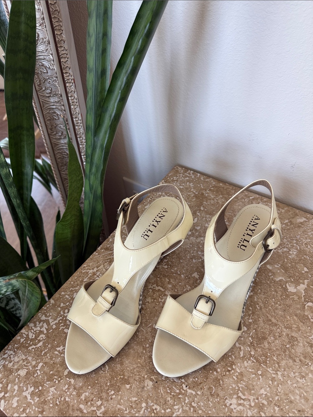 Anyi Lu Cream Patent Leather Buckle Slingback Heels Made in Italy